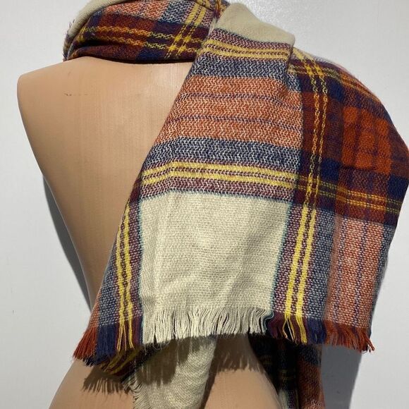 Unisex Multicolor Plaid Rectangular Print Fringe Trim Cream Scarf 28x78 - Picture 5 of 6
